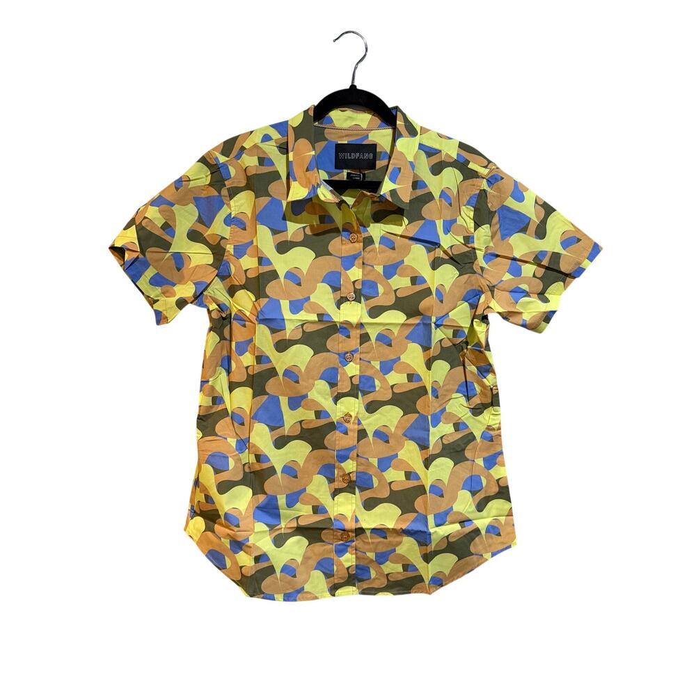 Wildfang The Essential Short Sleeve Button Up Polo Yellow Pop Art Camo LARGE NEW